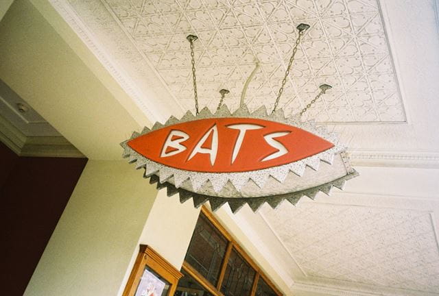 Close-up of the BATS Theatre sign in Wellington