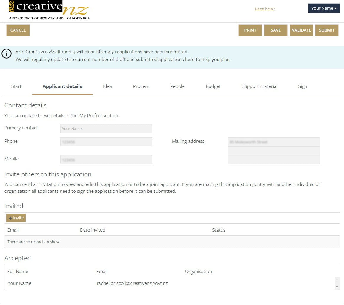 Preview of the Applicant details section of an application form