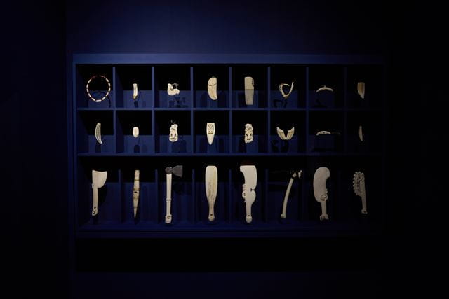 Whalebone carvings on display in Musée d’Art Contemporain de Lyon.  Courtesy of the artist and OCAA, photography by Clara Jane