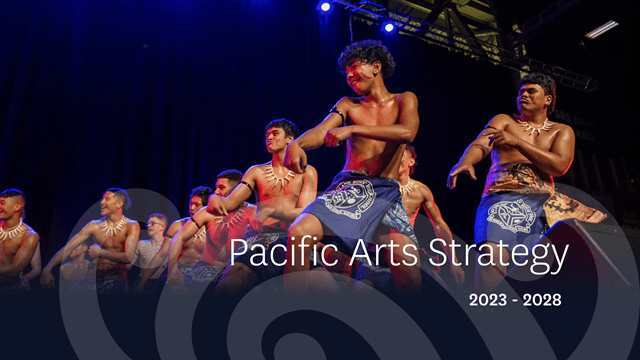 Young performers at Miharo Murihiku festival dance onstage. The image has 'Pacific Arts Strategy 2023-2028' laid over the image.