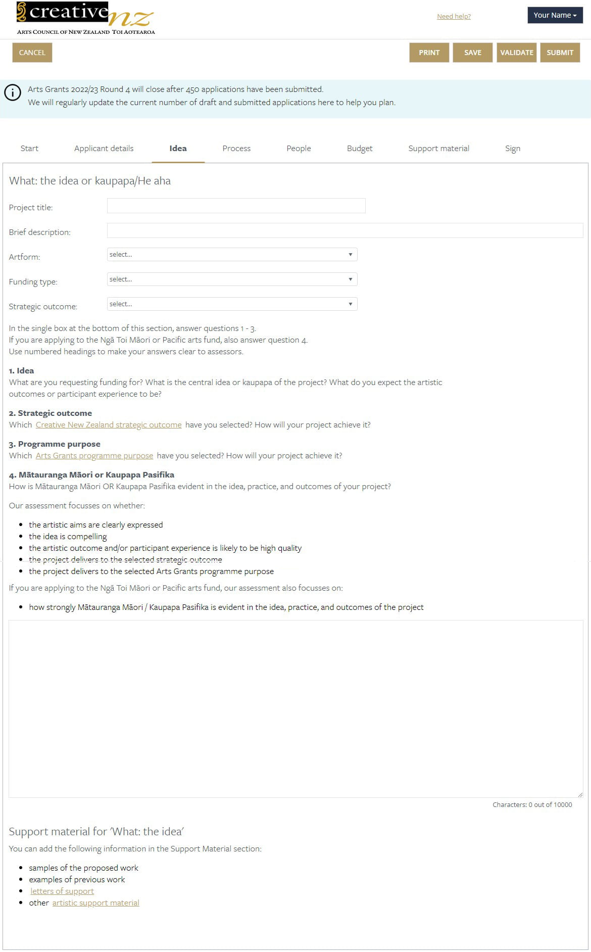 Preview of the Idea section of an application form